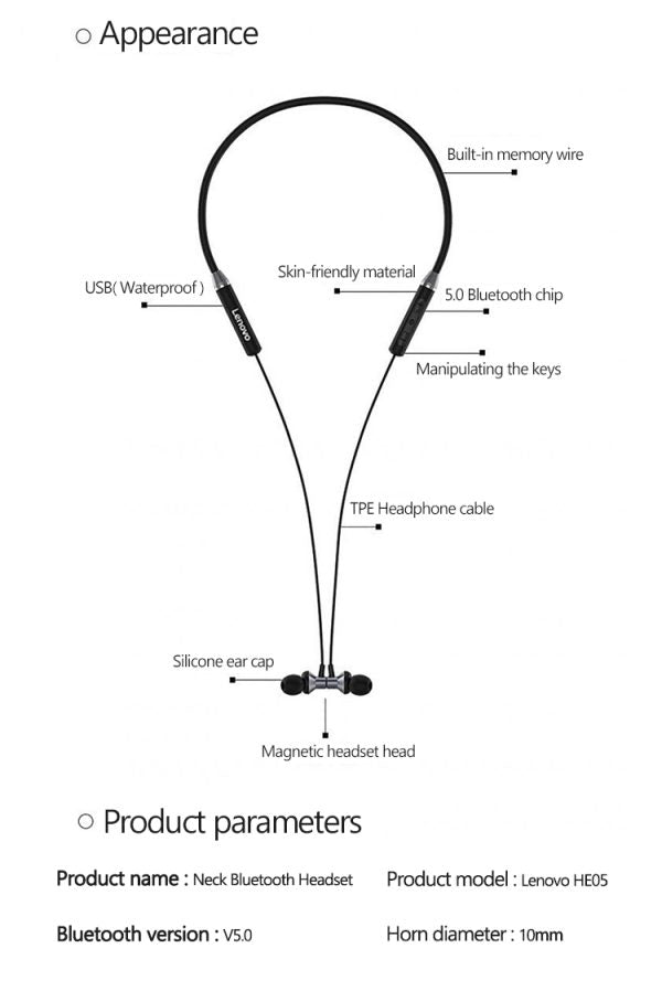 Lenovo He05 Wireless Bluetooth 5.0 Neckband Earbuds Sports Waterproof Headset